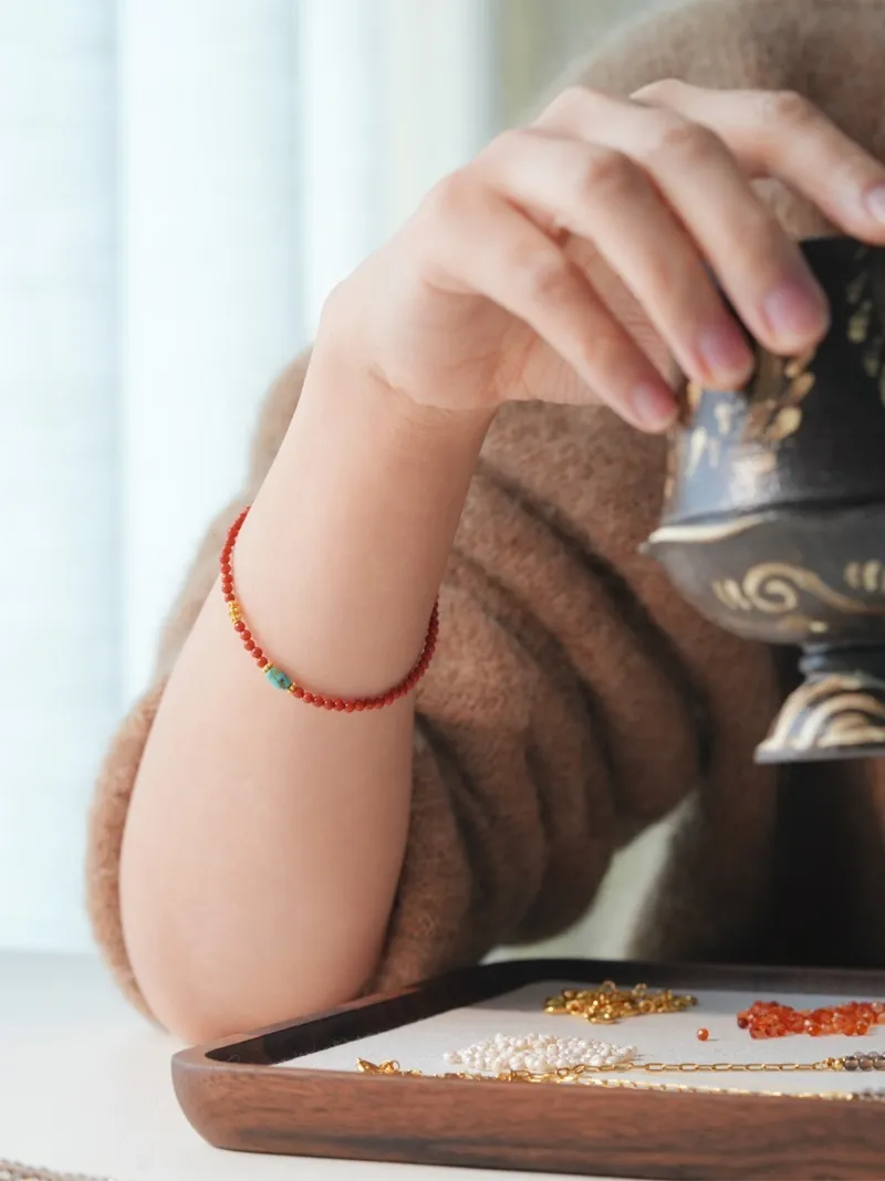 PERSIMMON RED Bracelet|Handmade New Chinese style Jewelry|Southern Red Agate, Turquoise,Sliver|